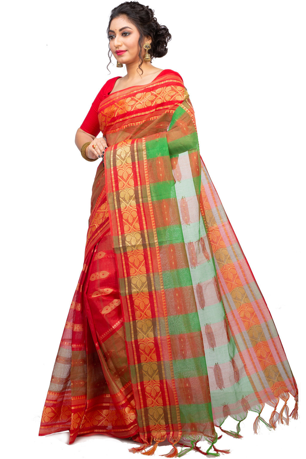 Red Green Pure Cotton Raj Nandi Desigine Tant Saree (2806)